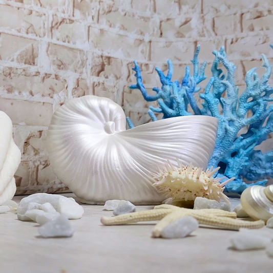 "Caracola de resina mineral blanca, ideal para joyas, objetos pequeños o como recipiente para vela. Resistente al calor hasta 200°C, perfecta para cualquier espacio: mesita, baño o cocina."